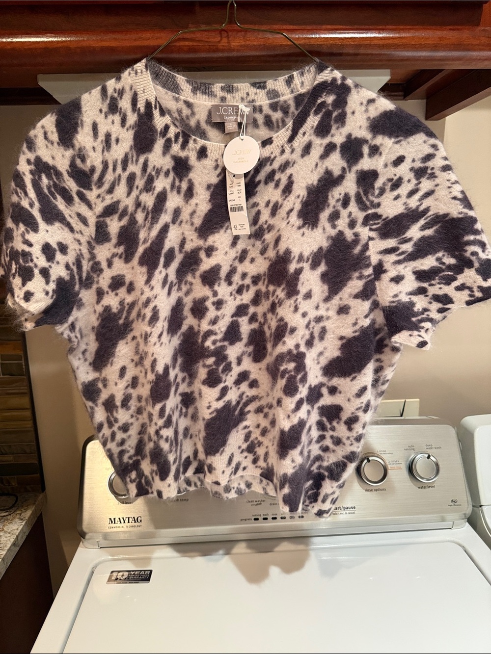 J. Crew Black & Cream cashmere  Short Sleeve Animal Print Sweater NWT